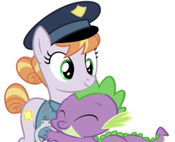 Size: 640x520 | Tagged: safe, edit, editor:undeadponysoldier, copper top, spike, dragon, earth pony, pony, g4, adorable face, crack shipping, cuffs, cute, cute smile, daaaaaaaaaaaw, eyes closed, female, happy, hat, male, mare, police officer, police uniform, ponytail, ship:copperspike, shipping, simple background, spikelove, straight, white background