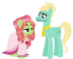 Size: 666x536 | Tagged: safe, artist:glittertiara, tree hugger, zephyr breeze, pony, g4, clothes, dress, duo, female, male, marriage, shipping, straight, wedding, wedding dress, zephyrhugger