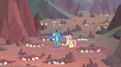 Size: 2100x1180 | Tagged: safe, screencap, fluttershy, princess ember, dragon, pegasus, pony, g4, sweet and smoky, dragon egg, dragon lands, dragoness, duo, female, hoof on chest, mare, nest