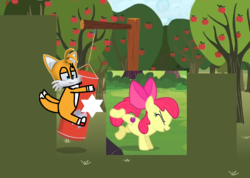 Size: 1013x720 | Tagged: safe, edit, edited screencap, screencap, apple bloom, fox, pony, g4, season 2, the super speedy cider squeezy 6000, apple tree, applebetes, bedroom eyes, bloomails, bucking, cropped, crossover, cute, determined, duo, female, filly, grin, male, miles "tails" prower, punching bag, smiling, sonic the hedgehog, sonic the hedgehog (series), tailsabetes, this will end in pain, tree