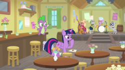 Size: 1920x1080 | Tagged: safe, screencap, chelsea porcelain, mr. waddle, spike, twilight sparkle, alicorn, dragon, pony, g4, the point of no return, barrel, chair, double bass, drums, juice, juice box, letter, musical instrument, saddle bag, saxophone, table, twilight sparkle (alicorn), winged spike, wings