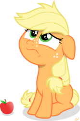Size: 1500x2257 | Tagged: safe, artist:arifproject, applejack, earth pony, pony, g4, going to seed, apple, cute, female, filly, filly applejack, food, frown, inkscape, jackabetes, looking up, sad, sadorable, simple background, sitting, solo, transparent background, vector, younger