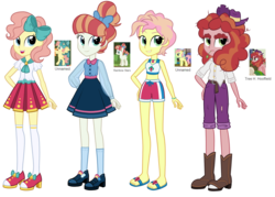 Size: 2520x1800 | Tagged: safe, artist:thecheeseburger, high tide (g4), merry cotton, rainbow stars, tree h. hooffield, equestria girls, g4, boots, clothes, equestria girls-ified, feet, high heels, kneesocks, midriff, pleated skirt, sandals, shoes, shorts, skirt, socks, sports bra, thigh highs