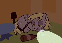 Size: 650x450 | Tagged: safe, anonymous artist, derpy hooves, pegasus, pony, msponyadventures, g4, 4chan, alcohol, beer, bottle, chains, crying, female, light, sad, slave, solo, table