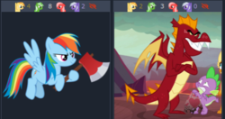 Size: 458x241 | Tagged: safe, edit, edited screencap, screencap, garble, rainbow dash, smolder, spike, oc, oc:comment, oc:downvote, oc:favourite, oc:upvote, dragon, pegasus, pony, derpibooru, g4, sweet and smoky, angry, axe, bully, derpibooru ponified, implied murder, juxtaposition, juxtaposition win, meme, meta, ponified, scared, weapon, winged spike, wings