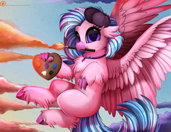 Size: 3300x2550 | Tagged: safe, artist:pridark, silverstream, classical hippogriff, hippogriff, g4, artist, chest fluff, cloud, cute, diastreamies, female, floppy ears, flying, hat, high res, leg fluff, looking at you, mouth hold, paintbrush, palette, patreon, patreon logo, solo, spread wings, wings