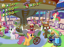 Size: 666x493 | Tagged: safe, edit, edited screencap, editor:undeadponysoldier, screencap, apple bloom, button mash, scootaloo, spike, sweetie belle, dragon, human, yoshi, g4, bow, carousel, coin, colt, confused, crossover, electric koopa, f.l.u.d.d., female, filly, gate, happy, hud, male, mario, noki, pinna park, pointing, scared, shine sprite, super mario sunshine, video game, yoshi caracel, yoshi egg