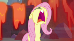 Size: 2100x1180 | Tagged: safe, screencap, fluttershy, pegasus, pony, g4, sweet and smoky, angry, dragon lands, faic, female, lava, mare, mawshot, open mouth, shout, solo, uvula, volumetric mouth