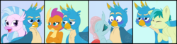 Size: 2719x680 | Tagged: safe, artist:thedefinitionofsad, gallus, ocellus, sandbar, silverstream, smolder, changedling, changeling, classical hippogriff, dragon, earth pony, griffon, hippogriff, pony, g4, bisexual, blushing, chest fluff, dragoness, eyes closed, female, floppy ears, gallus gets all the creatures, gallus gets all the mares, gallus gets all the stallions, gay, imminent kissing, male, open mouth, raised eyebrow, raised hoof, ship:gallbar, ship:gallstream, ship:luslus, shipping, smiling, smoldere, smollus, straight, teenager, tsundere, unamused, varying degrees of want, wavy mouth