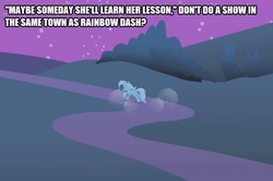 Size: 753x500 | Tagged: safe, edit, edited screencap, screencap, trixie, pony, unicorn, boast busters, g4, caption, female, grass, image macro, leaving, night, road, solo, stars, text, tree