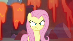 Size: 2100x1180 | Tagged: safe, screencap, fluttershy, pegasus, pony, g4, sweet and smoky, :s, angry, badass, female, flutterbadass, fluttershy is not amused, lava, mare, peeved, solo, unamused, wavy mouth