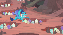 Size: 2100x1180 | Tagged: safe, screencap, princess ember, dragon, g4, sweet and smoky, dragon egg, dragon lands, dragoness, egg, female, horns, nest, prone, responsibility, solo, spread wings, talking to objects, wings, worried