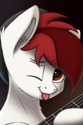 Size: 2160x3250 | Tagged: safe, artist:smowu, oc, oc only, oc:allen, pegasus, pony, beanie, bust, guitar, hat, high res, one eye closed, portrait, solo, tongue out, wink