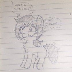 Size: 1315x1316 | Tagged: safe, artist:shpace, oc, oc:floor bored, earth pony, pony, bags under eyes, chest fluff, lined paper, ponytail, solo, speech bubble, thought bubble, traditional art