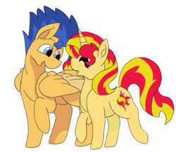 Size: 800x693 | Tagged: safe, artist:flamirasplitz, flash sentry, sunset shimmer, pegasus, pony, unicorn, g4, cute, diasentres, eyes closed, female, male, mare, open mouth, profile, shimmerbetes, ship:flashimmer, shipping, simple background, stallion, straight, transparent background, two toned wings, wings