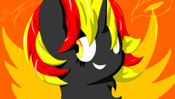 Size: 2560x1440 | Tagged: safe, artist:jimmy draws, oc, oc only, oc:fireice, phoenix, pony, unicorn, cute, fire, horn, smiling