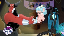 Size: 1280x720 | Tagged: safe, screencap, cozy glow, lord tirek, queen chrysalis, centaur, changeling, changeling queen, pegasus, pony, frenemies (episode), g4, better way to be bad, cozy glow is not amused, female, filly, foal, singing, tirek is not amused, unamused