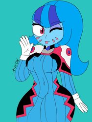 Size: 1536x2048 | Tagged: safe, artist:c_w, sonata dusk, equestria girls, g4, belly button, breasts, busty sonata dusk, clothes, cosplay, costume, d.va, female, jewelry, looking at you, one eye closed, overwatch, peace sign, pendant, plump, skintight clothes, smiling, solo, thighs, tongue out, whisker markings, wink