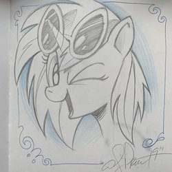 Size: 2048x2048 | Tagged: safe, artist:andy price, dj pon-3, vinyl scratch, pony, unicorn, g4, female, glasses, high res, mare, one eye closed, partial color, simple background, solo, traditional art, white background, wink
