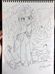 Size: 1536x2048 | Tagged: safe, artist:andypriceart, princess celestia, alicorn, pony, g4, canterlot, crown, female, jewelry, looking at you, mare, monochrome, regalia, solo, traditional art