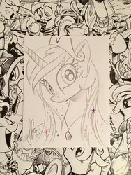 Size: 1536x2048 | Tagged: safe, artist:andypriceart, princess celestia, alicorn, pony, g4, crown, female, jewelry, looking at you, mare, monochrome, regalia, solo, traditional art