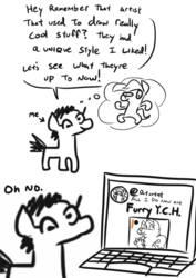 Size: 592x834 | Tagged: safe, artist:jargon scott, oc, pony, comic, computer, dialogue, furry, lineart, monochrome, oh no, patreon, patreon logo, sketch, thought bubble, truth