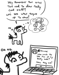 Size: 608x773 | Tagged: safe, artist:jargon scott, oc, pony, comic, computer, dialogue, implied anus, monochrome, oh no, sketch, thought bubble