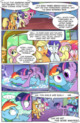 Size: 1800x2740 | Tagged: safe, artist:candyclumsy, applejack, fluttershy, pinkie pie, rainbow dash, rarity, twilight sparkle, alicorn, earth pony, pegasus, pony, unicorn, g4, ..., caught, comic, cute, dashabetes, dialogue, female, kissing, lesbian, mane six, mare, open mouth, ship:twidash, shipping, speech bubble, surprised face, twiabetes, twilight sparkle (alicorn), twilight's castle