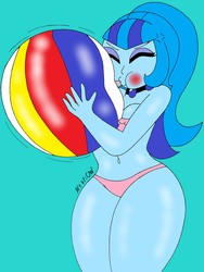 Size: 1932x2576 | Tagged: safe, artist:c_w, sonata dusk, equestria girls, g4, beach ball, belly button, bikini, blowing, blowing up beach ball, blushing, breast squish, breasts, clothes, eyes closed, inflating, jewelry, pendant, plump, swimsuit, thick, thighs