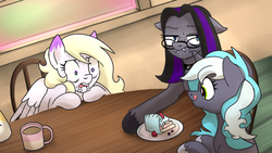 Size: 1920x1080 | Tagged: safe, artist:mamidulugo, oc, oc only, oc:cloud 9, oc:feather paint, oc:luna farrowe, oc:mami dulugo, bat pony, pegasus, pony, unicorn, cake, chair, coffee, collar, fangs, food, glasses, heart eyes, licking, licking lips, spoop fam, sugarcube corner, table, tongue out, two toned mane, window, wingding eyes, wrinkles