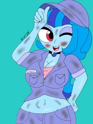Size: 1536x2048 | Tagged: safe, artist:c_w, sonata dusk, equestria girls, g4, belly button, blushing, breasts, busty sonata dusk, dirty, happy, hat, mechanic, one eye closed, plump, repair, smiling, thick, wink, work clothes
