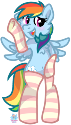 Size: 520x907 | Tagged: safe, artist:rainbow eevee, rainbow dash, pony, g4, behaving like a cat, bipedal, blushing, clothes, cute, female, open mouth, simple background, smiling, socks, solo, striped socks, thigh highs, transparent background, vector