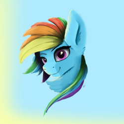 Size: 1080x1080 | Tagged: safe, artist:lulajade, rainbow dash, pony, g4, bust, female, portrait, simple background, smiling, solo