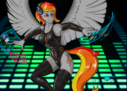 Size: 3965x2832 | Tagged: safe, artist:thunderblitz1, artist:thunderblitzsketch, oc, oc:tridashie, pegasus, anthro, armpits, clothes, female, flying, headphones, high res, holographic screen, leotard, mare, music, swimsuit, wings