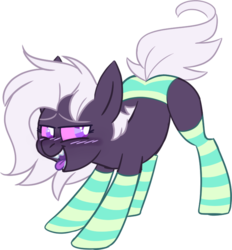Size: 696x750 | Tagged: safe, artist:taaffeiite, derpibooru exclusive, oc, oc only, oc:cyberia starlight, earth pony, pony, aroused, blushing, clothes, colored sclera, female, looking back, mare, open mouth, panties, presenting, presenting butt, purple eyes, sharp teeth, simple background, smiling, socks, solo, striped socks, striped underwear, teeth, tongue out, transparent background, underwear, vector, white pupils