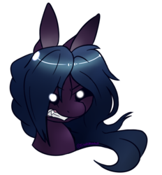 Size: 532x573 | Tagged: safe, artist:sinamuna, oc, oc only, oc:minera, pony, angry, art trade, black sclera, blue hair, bust, glowing eyes, gritted teeth, growling, gums, long ears, long hair, purple fur, sharp teeth, simple background, solo, tall ears, teeth, transparent background