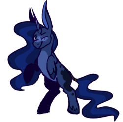 Size: 808x797 | Tagged: safe, artist:rowdykitty, princess luna, pony, unicorn, g4, blank flank, female, long ears, one eye closed, race swap, rearing, simple background, solo, tail wrap, transparent background, unicorn luna, wink, younger