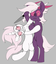 Size: 1668x1917 | Tagged: safe, artist:taaffeiite, derpibooru exclusive, oc, oc only, oc:scarlet starlight, oc:violet starlight, pony, unicorn, angry, bipedal, colored sclera, death stare, duo, empty eyes, female, gray background, horns, knife, looking at you, mare, parent:cyberia starlight, parent:sakura starlight, red eyes, siblings, simple background, sisters, threatening