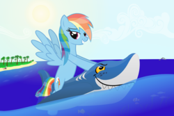 Size: 5550x3700 | Tagged: safe, artist:galekz, rainbow dash, pegasus, pony, shark, g4, beach, bedroom eyes, female, floaty, inflatable, inflatable shark, inflatable toy, mare, ocean, pool toy, riding, solo, wanna ride?