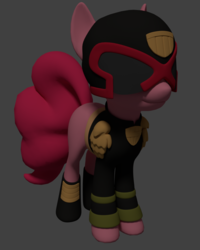 Size: 866x1080 | Tagged: safe, artist:dracagon, pinkie pie, earth pony, pony, g4, 3d, clothes, female, gray background, helmet, judge dredd, mare, simple background, solo, uniform, wip