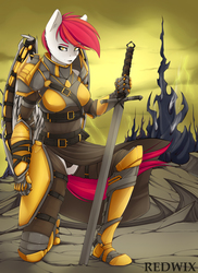 Size: 4000x5500 | Tagged: safe, artist:redwix, oc, oc only, pegasus, anthro, plantigrade anthro, absurd resolution, anthro oc, armor, changeling hive, clothes, female, solo, sword, weapon