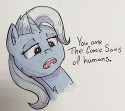 Size: 3061x2729 | Tagged: safe, artist:lightisanasshole, trixie, human, pony, unicorn, g4, above, blue mane, chest fluff, comic sans, ear fluff, female, high res, insult, looking at you, open mouth, pathetic, purple eyes, sassy, shading, solo, talking to viewer, traditional art, watercolor painting