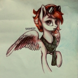 Size: 1836x1836 | Tagged: safe, artist:su50, oc, oc only, pegasus, pony, bust, clothes, female, mare, open mouth, raised hoof, scarf, solo, spread wings, sunglasses, traditional art, wings