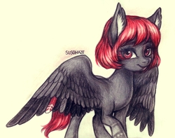 Size: 1359x1069 | Tagged: safe, artist:su50, oc, oc only, pegasus, pony, female, mare, raised hoof, simple background, smiling, solo, spread wings, traditional art, wings