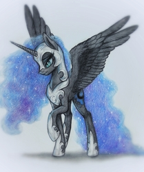 Size: 2448x2926 | Tagged: safe, artist:su50, nightmare moon, alicorn, pony, g4, colored pencil drawing, female, helmet, high res, mare, raised hoof, simple background, smiling, solo, spread wings, traditional art, white background, wings