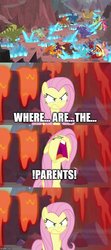 Size: 500x1123 | Tagged: safe, edit, edited screencap, screencap, fluttershy, garble, princess ember, smolder, spike, dragon, pony, g4, sweet and smoky, blue fire, caption, comic, female, fire, fire breath, fluttermom, flutterrage, image macro, lava, mare, overprotective, screencap comic, text, winged spike, wings, yelling