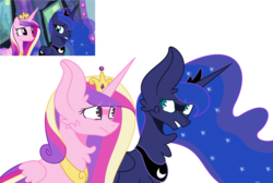 Size: 2740x1836 | Tagged: safe, artist:musicbetmlp, princess cadance, princess luna, alicorn, pony, g4, big ears, chest fluff, colored wings, duo, ethereal mane, eyebrows, eyebrows visible through hair, female, impossibly large ears, jewelry, looking at each other, mare, regalia, scene interpretation, simple background, starry mane, white background, wings, worried