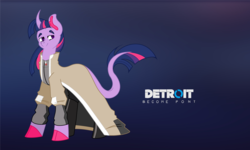 Size: 5616x3360 | Tagged: safe, artist:musicbetmlp, twilight sparkle, pony, unicorn, g4, boots, clothes, coat, colored ears, colored hooves, crossover, curved horn, detroit: become human, ear fluff, female, gradient background, horn, leonine tail, lidded eyes, looking back, mare, markus, shoes, solo, trenchcoat, unicorn twilight