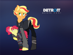 Size: 4664x3528 | Tagged: safe, artist:musicbetmlp, apple bloom, applejack, earth pony, pony, g4, alice (detroit: become human), alternate hairstyle, ax400, boots, bow, clothes, cosplay, costume, crossover, detroit: become human, duo, ear fluff, female, filly, gradient background, hair bow, kara (detroit: become human), mare, ponytail, shoes, short mane, sweater, two toned mane, video game
