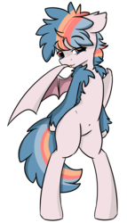 Size: 2000x3500 | Tagged: safe, artist:frowfrow, oc, oc:liquidlunch, bat pony, semi-anthro, belly button, blushing, full body, high res, solo, tongue out